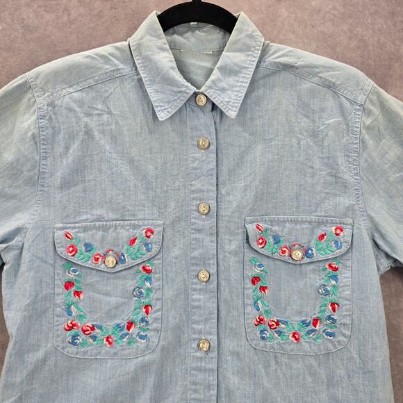 Blue Button Up Floral Embroidered Short Sleeve Vintage Y2K Short Top M Medium - Picture 3 of 6